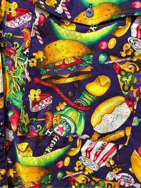 Unisex 90s Vintage Multicolored Junk Food Print Button Up Long Sleeve Shirt, 2XL